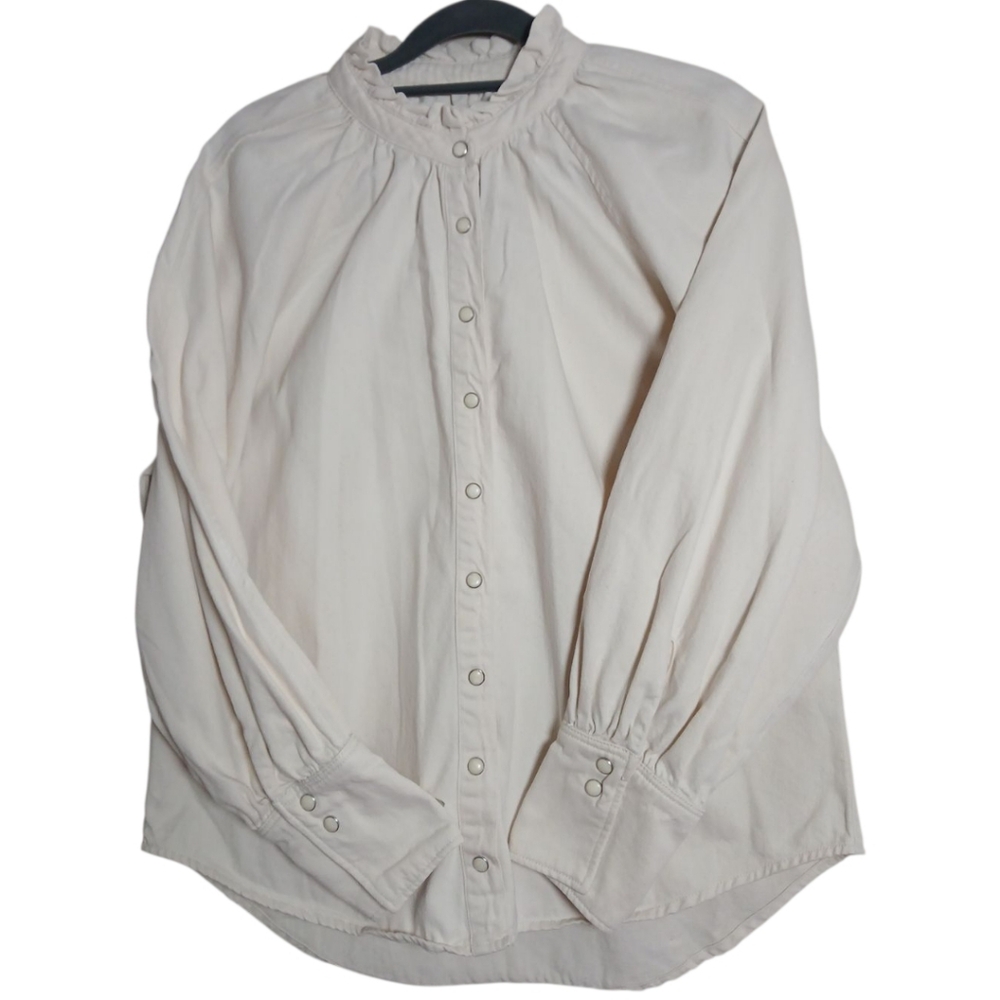 Mango Denim‎ Cream Button-Up Blouse Sz L - Picture 4 of 7